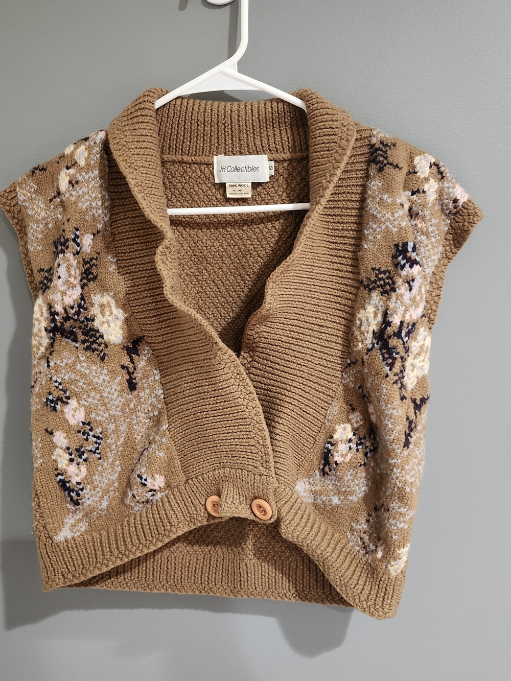 JH Collectibles Brown Floral Short-Sleeve Knit Cardigan 100% Wool Size Small